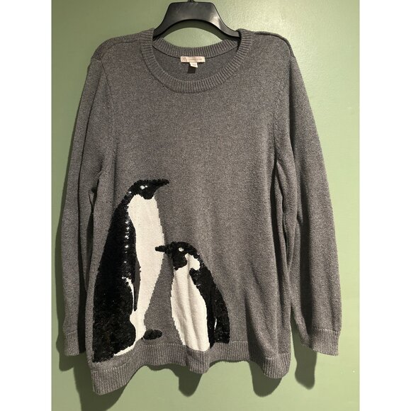 Women’s 2XL Gray Penguin Sweater Oversized Cozy Soft Knit Winter Christmas Cute - Picture 1 of 8